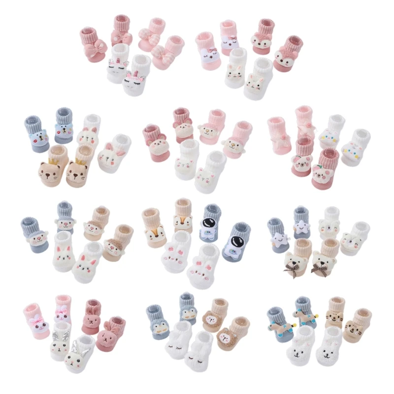 127D 3 Çift Set Bebek Örme Çorap Yumuşak ve Rahat Bebek Örgü Patik Karikatür Elastik Kat Çorap 3-12 Ay