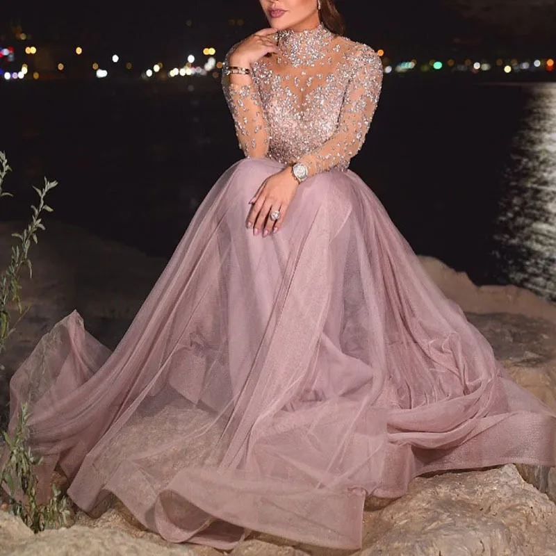 2021 Lüks Sparkle Illusion Rhinestone Arapça Dubai Abiye Tam Kollu Boncuklu Kristal Balo Parti Törenlerinde Resmi Elbise