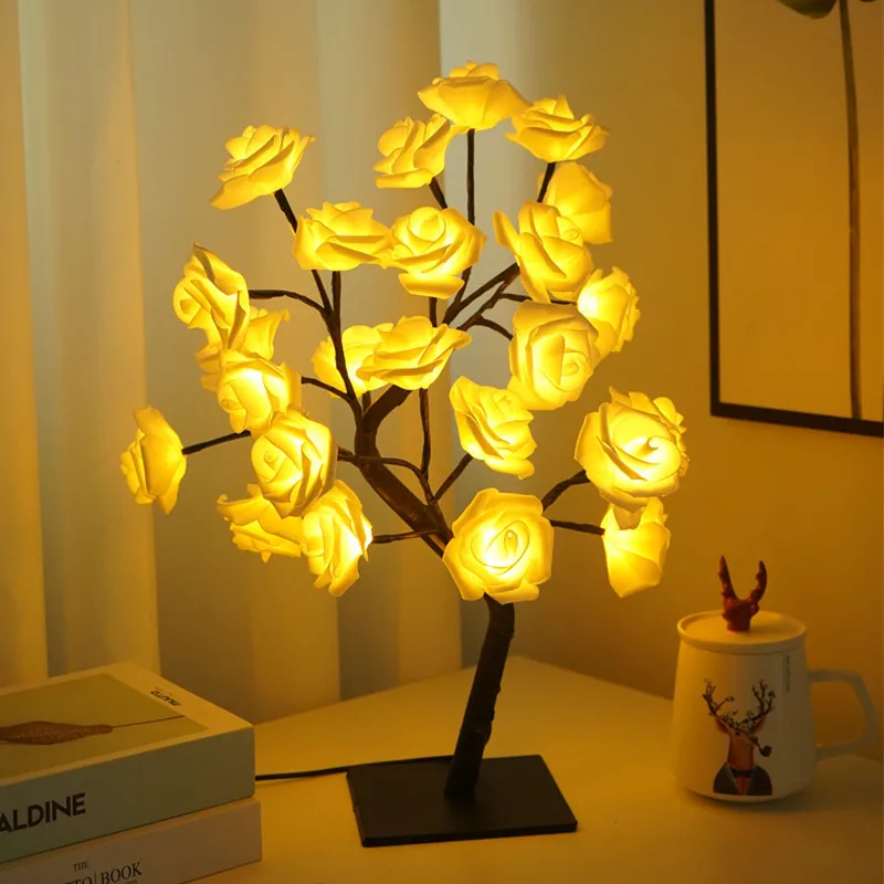 24 LED Gül ağaç ışıkları USB Fişi Masa Lambası Peri Çiçek Gece Lambası Ev Partisi Noel Düğün Yatak Odası Dekorasyon Hediye