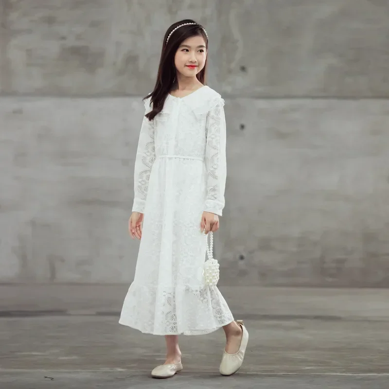 Genç Kızlar Zarif Parti Maxi Elbise 10 12 yıl Uzun Kollu Beyaz Dantel Kuyruk Töreni Anne Kız Giysileri