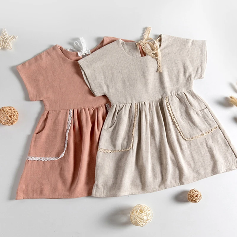 Kızlar Pamuk Ve Keten Dantel Cep Elbise Yaz Yeni Stil çocuk Düz Renk Rahat Kısa Kollu Elbiseler WT004