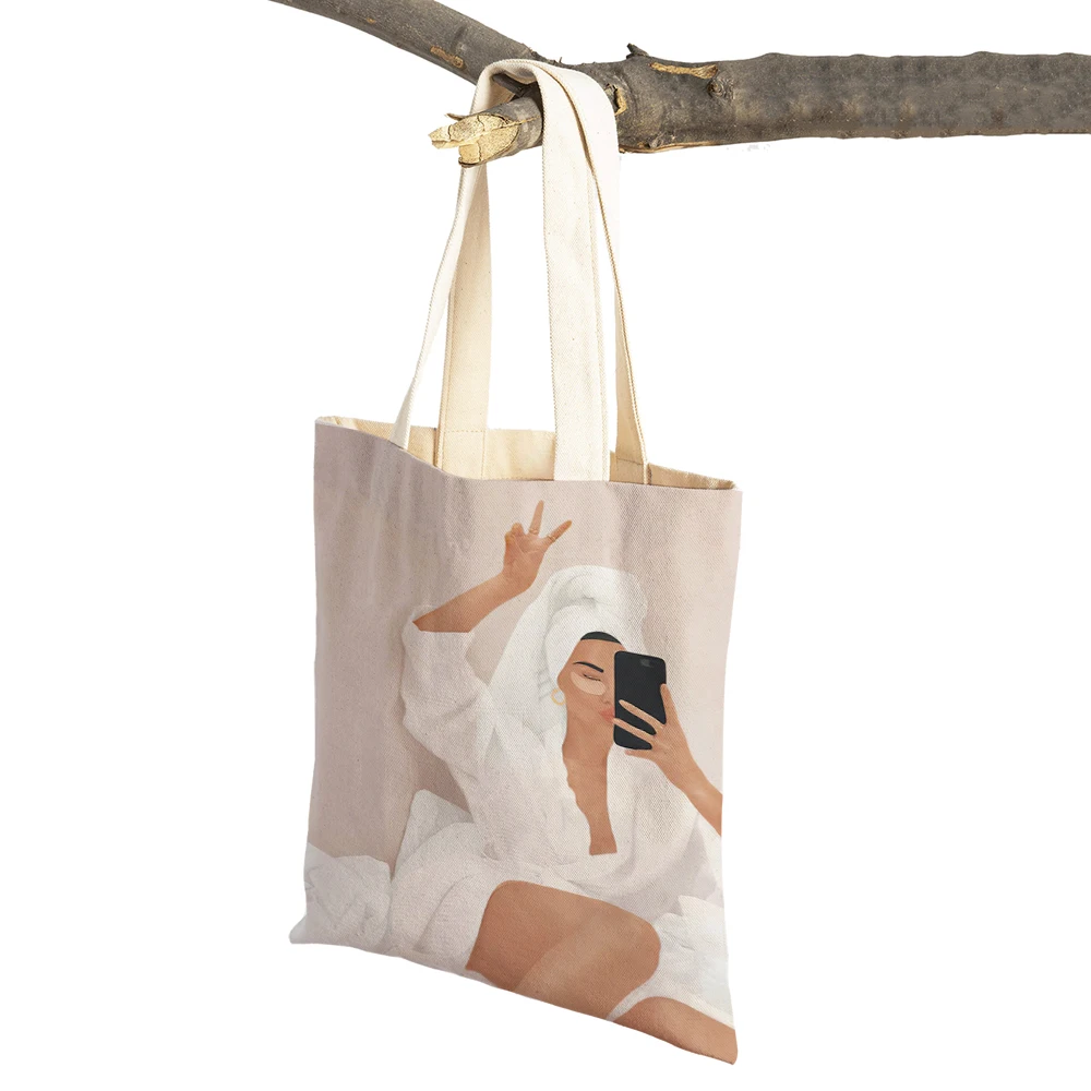 Paris Kadın Banyo Boho Soyut Tuval Süpermarket alışveriş çantası Tote Çanta Moda Karikatür Bayan tekrar kullanılabilir alışveriş poşetleri