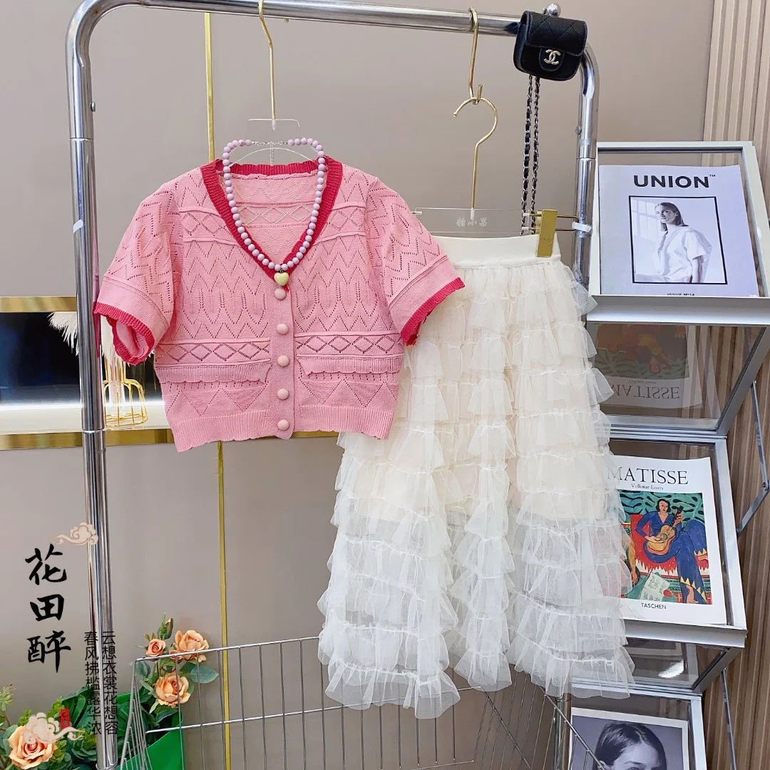 Perakende 2023 Yeni Bebek Kız Yaz Moda Butik Setleri, Pembe Üst + Beyaz Kek Etekler 4-9 T