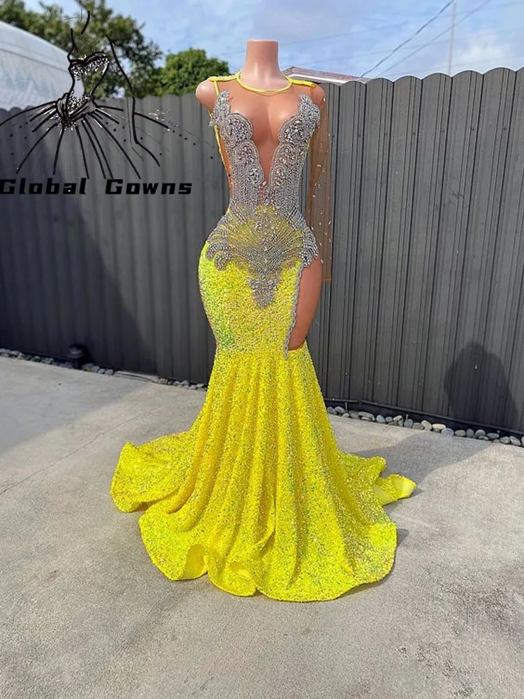 Sarı O Boyun gece elbisesi 2023 Boncuklu Kristal doğum günü partisi elbisesi Mermaid uzun balo kıyafetleri Payetli Vestido Elegante