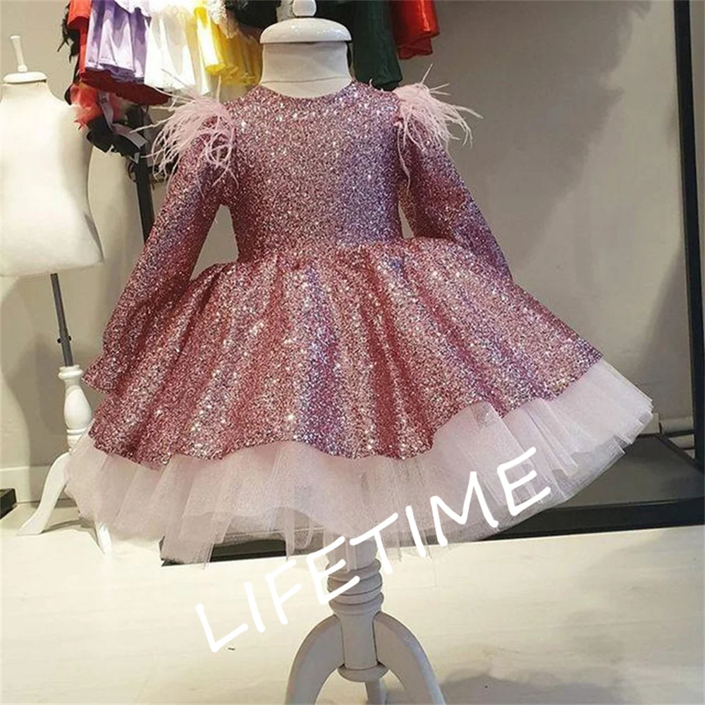 Sparkly Payetli Çiçek Kız Elbise Ekip Uzun Kollu Yay Diz Boyu Lilttle Çocuklar Doğum Günü Balo Pageant Düğün Giysileri
