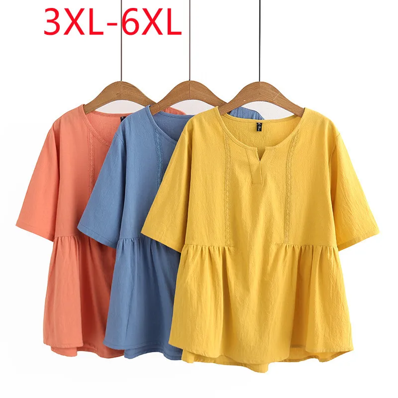 Yeni 2023 Bayanlar Yaz Artı Boyutu Üstleri Kadınlar İçin Büyük Boy Kısa Kollu O-boyun Sarı tişört 3XL 4XL 5XL 6XL