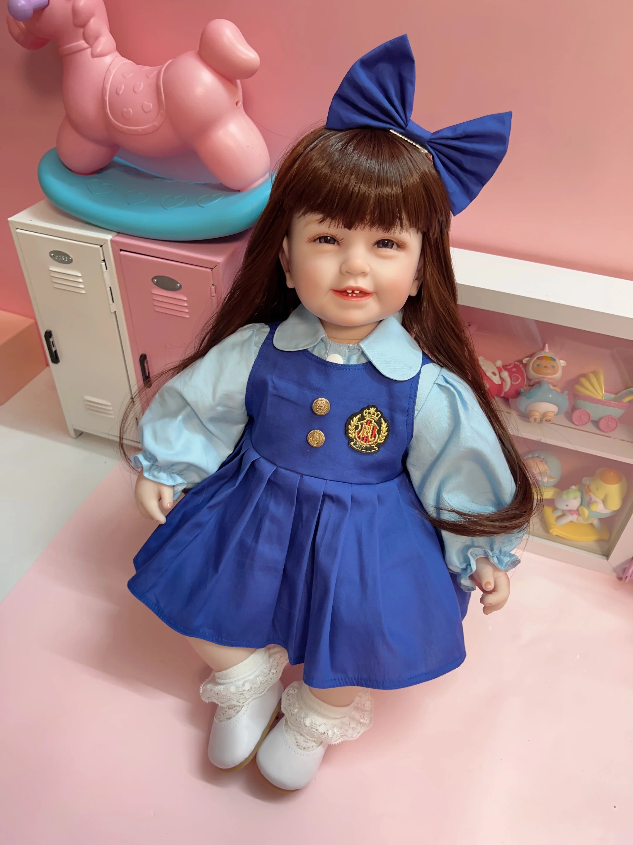 Yeniden doğmuş oyuncak bebek giysileri eşlik bebek Kolej tarzı üniforma Mavi okul üniforması